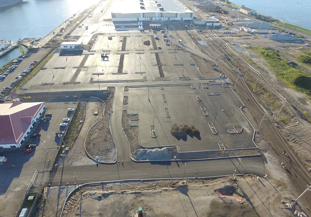 Aerial view of Bayonne Logistics paving project by Renda Roads, New Jersey.