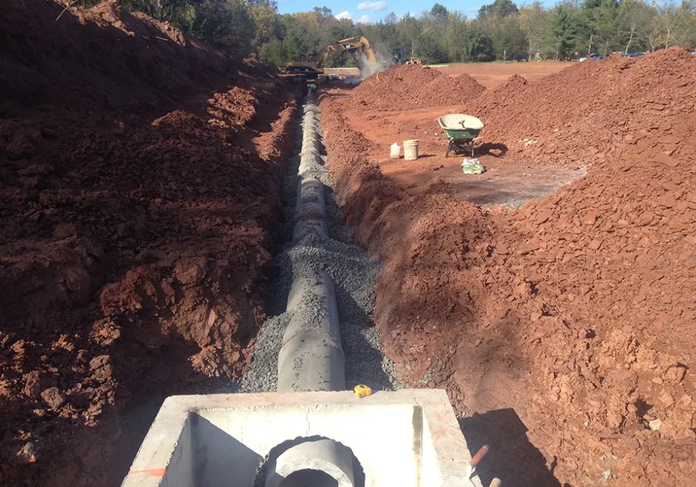 Water flow management structure at Metlife Bridgewater construction site.