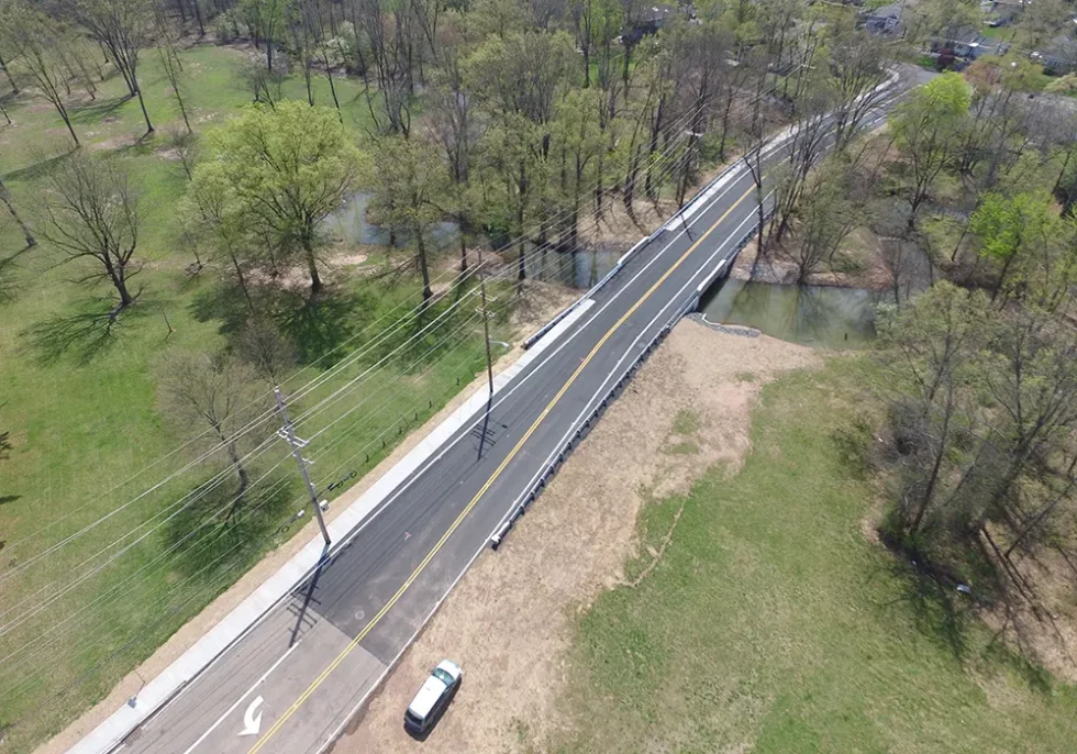Detailed aerial perspective of Piscataway Bridge's roadway, paved by Renda Roads.